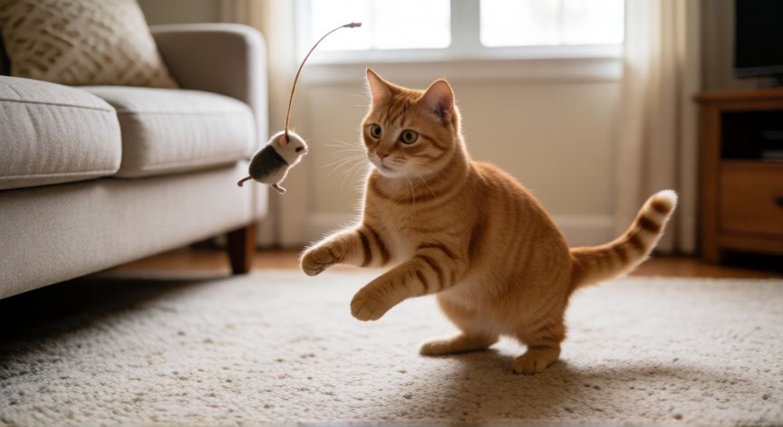 cuidados para una mascota esterilizada, Gato jugando activamente con un juguete para mantenerse en forma