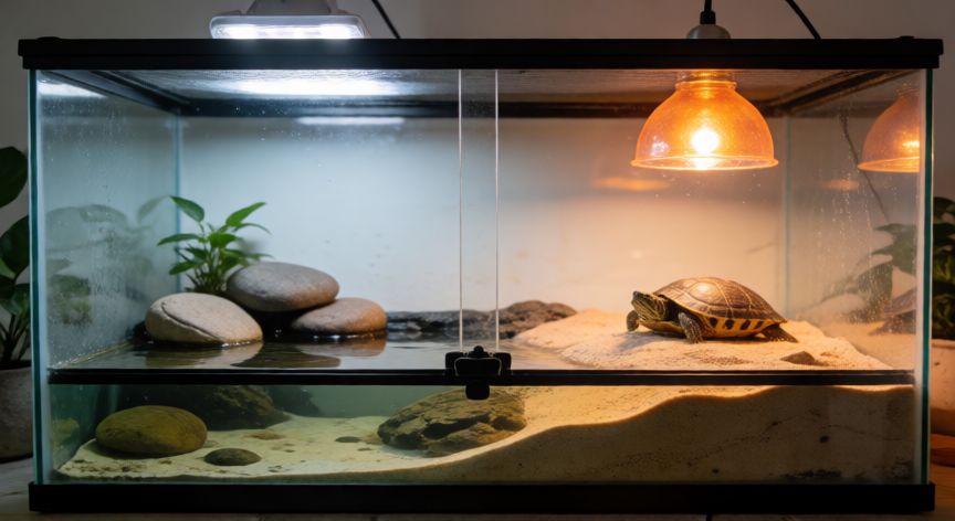 cuidados para una mascota tortuga, Terrario de tortuga con lámpara de calor y luz UVB correctamente instalados