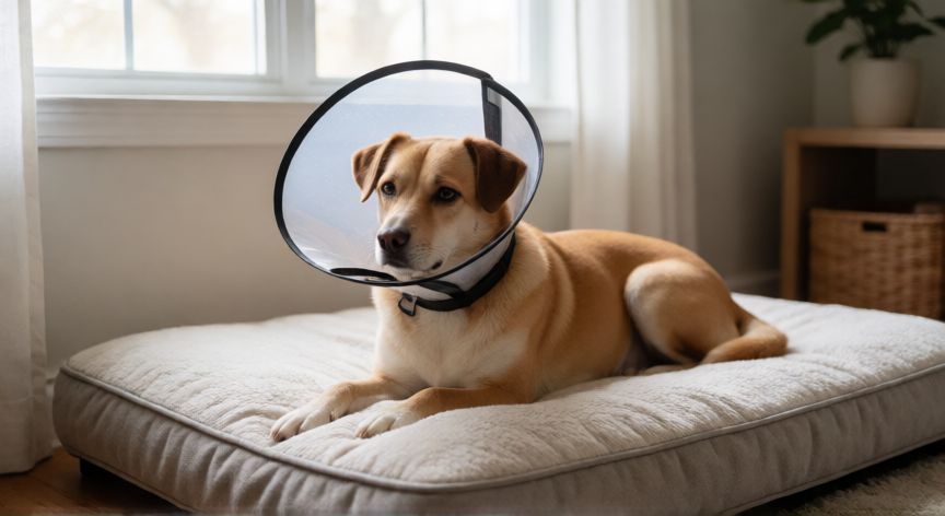 cuidados pós castração cachorro femea, Perra descansando con collar isabelino tras la cirugía