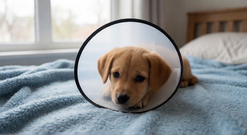 cuidados pos operatorio cachorro, Cachorro descansando con collar isabelino posoperatorio