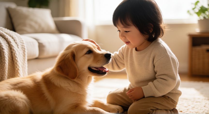 cuidados que necesita una mascota para niños, Niño acariciando a un cachorro de golden retriever en el salón de casa