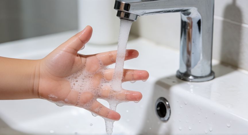 cuidados que necesita una mascota para niños, Manos de niño lavándose con jabón bajo el grifo en el baño