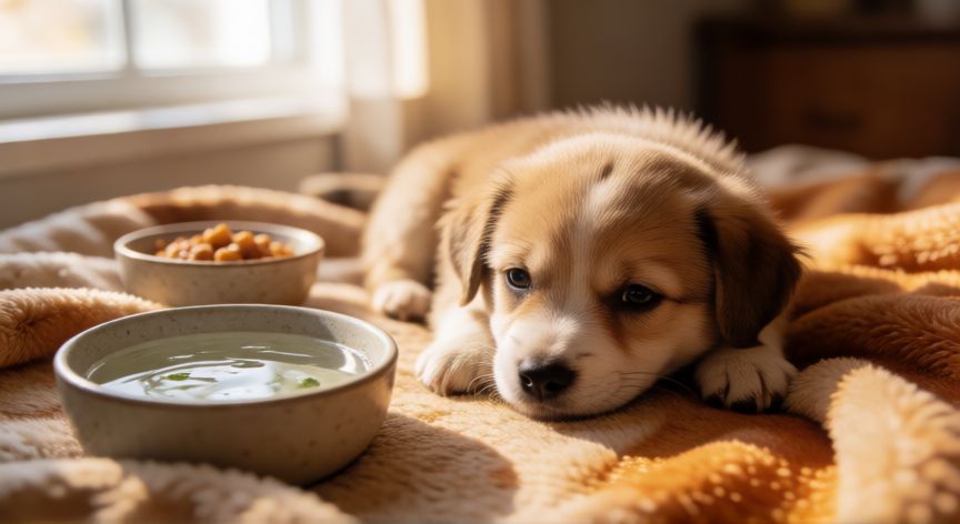 cuidados quimioterapia cachorro, Cachorro descansando tranquilamente en su cama con agua y comida cerca