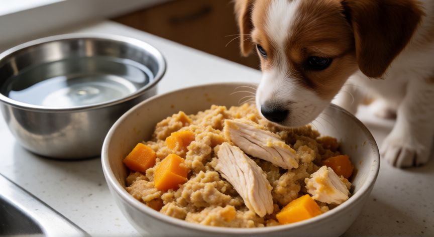 cuidados quimioterapia cachorro, Bowl de comida húmeda y casera para cachorro con pollo y calabaza