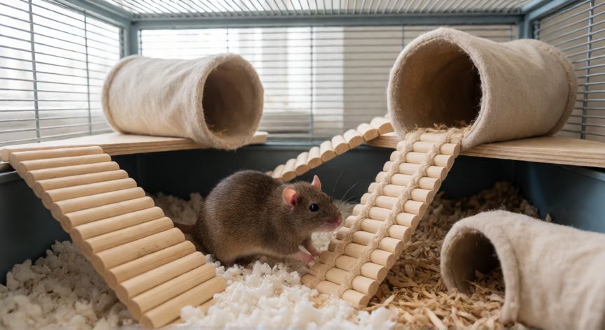 cuidados rata mascota, Jaula bien equipada con rampas y túneles para rata mascota