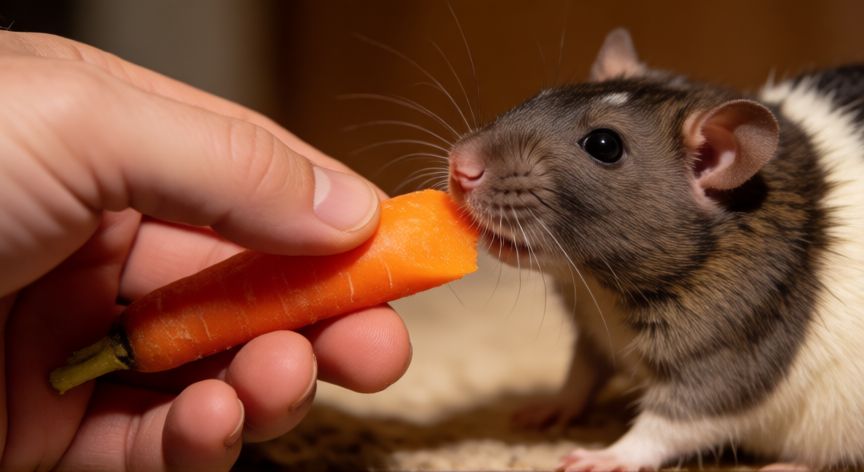 cuidados rata mascota, Persona ofreciendo zanahoria fresca a su rata mascota