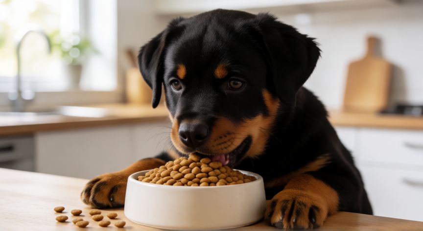 cuidados rottweiler cachorro, Cachorro Rottweiler comiendo pienso de alta calidad
