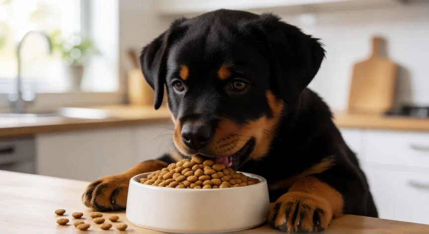 Cachorro Rottweiler comiendo pienso de alta calidad