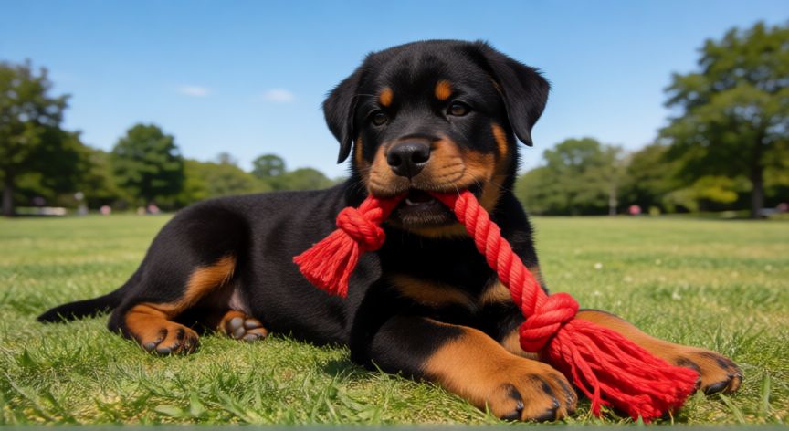cuidados rottweiler cachorro, Joven Rottweiler jugando al aire libre en el parque