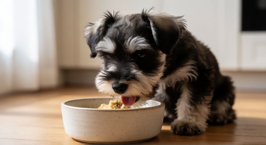 cuidados schnauzer cachorro, Cachorro Schnauzer comiendo pienso de alta calidad en el suelo de madera