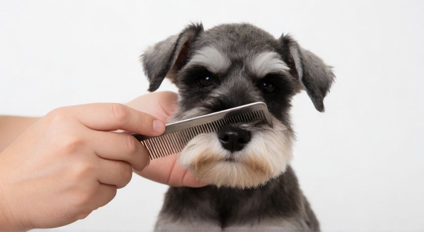 cuidados schnauzer cachorro, Peluquero canino cepillando el pelo de un cachorro Schnauzer gris y negro