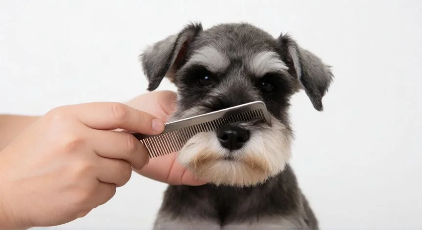 cuidados schnauzer cachorro, Peluquero canino cepillando el pelo de un cachorro Schnauzer gris y negro