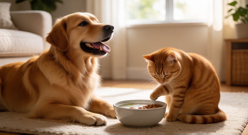 cuidados sobre una mascota, Perro y gato descansando en un hogar cálido con cuencos de alimentación