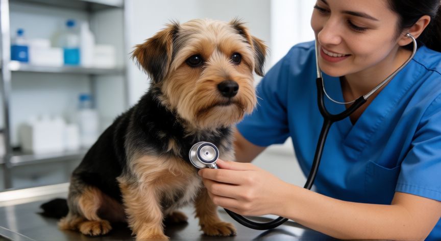 cuidados sobre una mascota, Veterinario revisando a un perro terrier en una clínica veterinaria