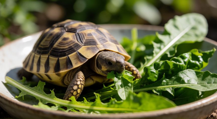 cuidados tortuga mascota, Tortuga comiendo vegetales de hoja verde fresca en su hábitat