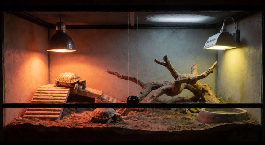 cuidados tortuga mascota, Terrario equipado con lámpara de calor y luz UVB para tortuga