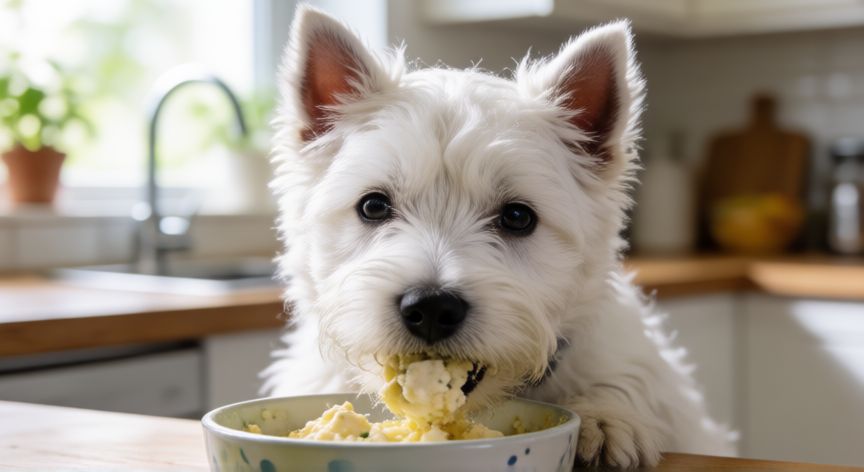cuidados westy cachorro, Cachorro de West Highland White Terrier comiendo en un cuenco