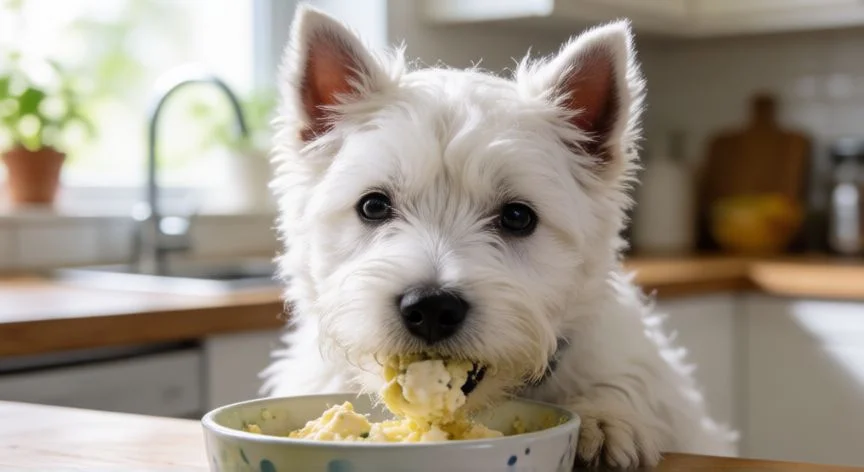 Cachorro de West Highland White Terrier comiendo en un cuenco