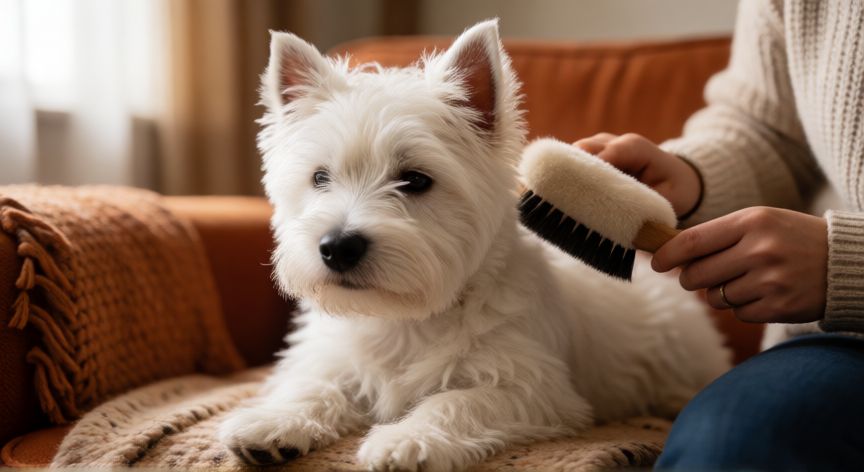 cuidados westy cachorro, Cepillando el pelo de un cachorro westy en casa