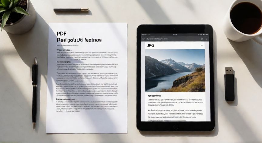 de word en jpg, Mesa de trabajo con documento PDF impreso y tablet mostrando imagen JPG convertida