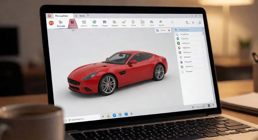 diapositivas en 3d powerpoint, Pantalla de PowerPoint mostrando un modelo 3D de coche deportivo en una diapositiva con la barra de herramientas Formato 3D activa