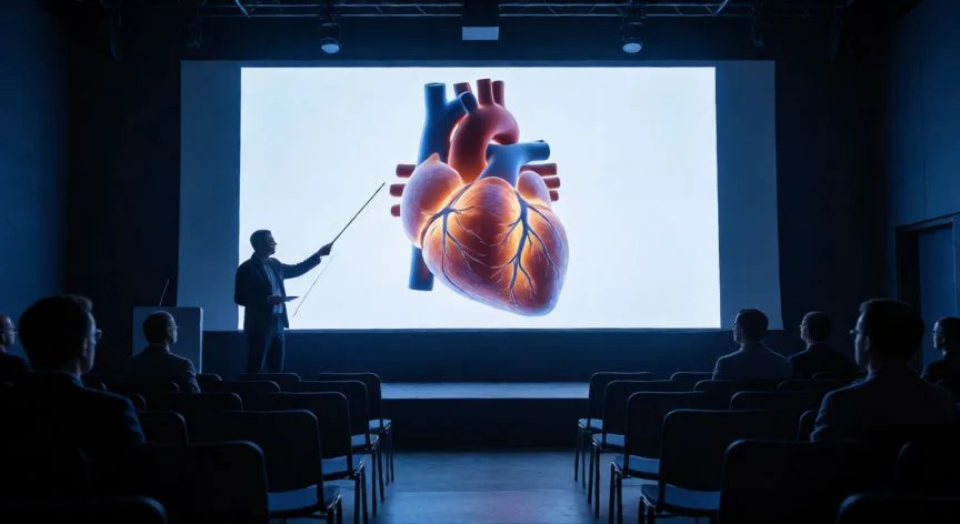 diapositivas en 3d powerpoint, Presentación en sala de conferencias con un modelo 3D de corazón anatómico proyectado en pantalla grande
