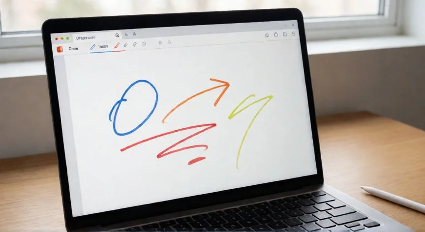 dibujar en powerpoint online, Pantalla de PowerPoint Online con la pestaña Dibujar activa y trazos de tinta de colores sobre una diapositiva