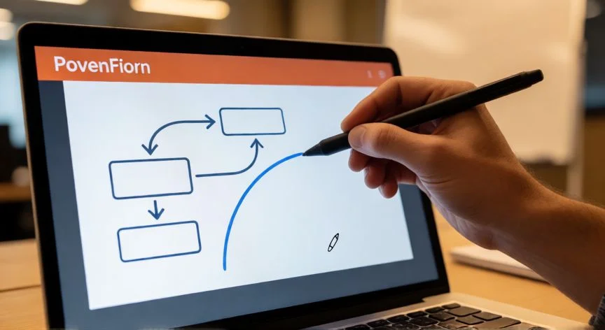 dibujar en powerpoint online, Mano dibujando con un stylus sobre una diapositiva de PowerPoint en modo presentación durante una videollamada