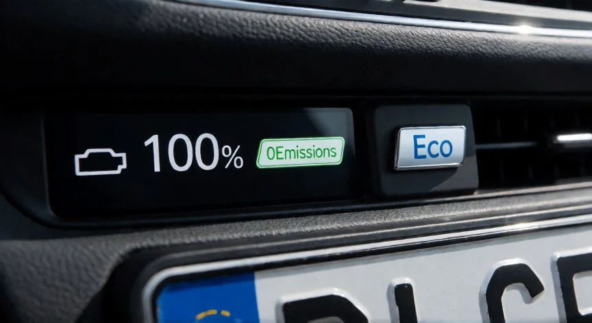 diferencia entre 0 emisiones y eco, Pegatina ambiental DGT colocada en el parabrisas de un vehículo
