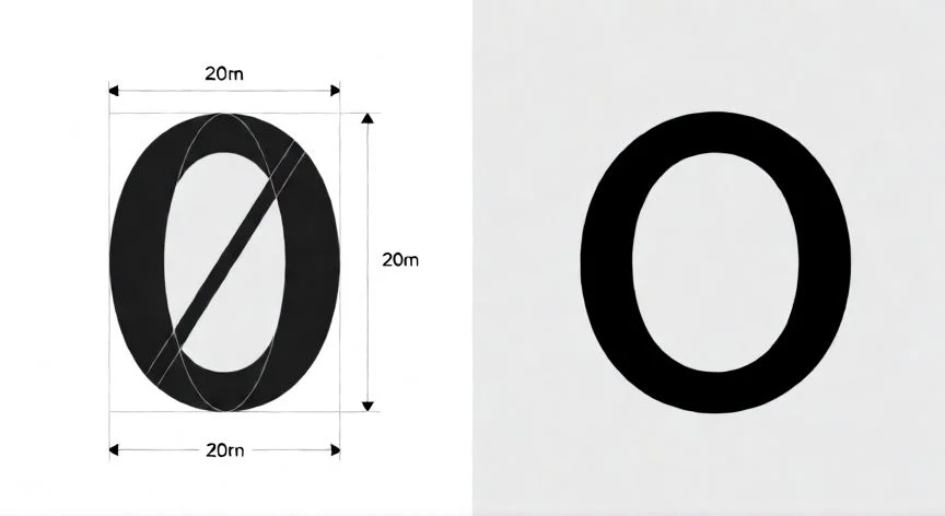diferencia entre 0 y o, Diagrama geométrico comparando las proporciones de ancho y alto del cero y la letra O