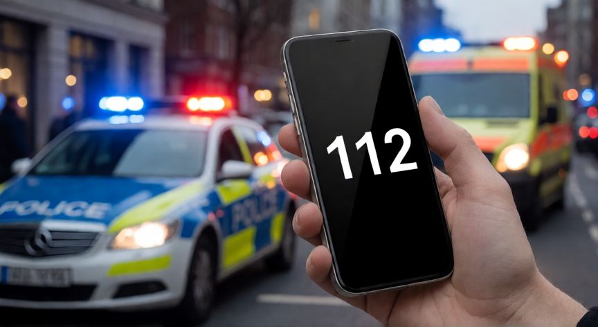 Llamada al 112 para emergencias generales con policía y ambulancia de fondo