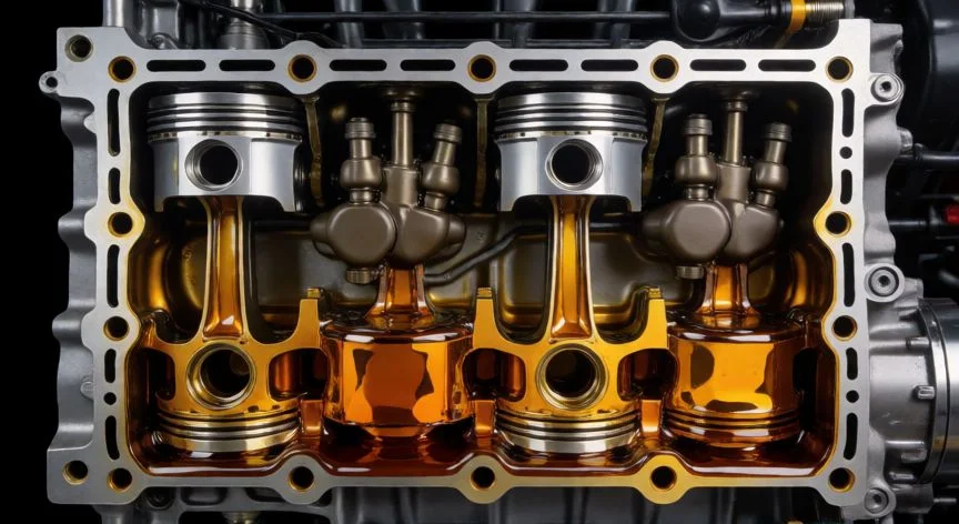 diferencia entre 0w20 y 0w30, Corte técnico de motor mostrando el flujo de aceite en tolerancias ajustadas