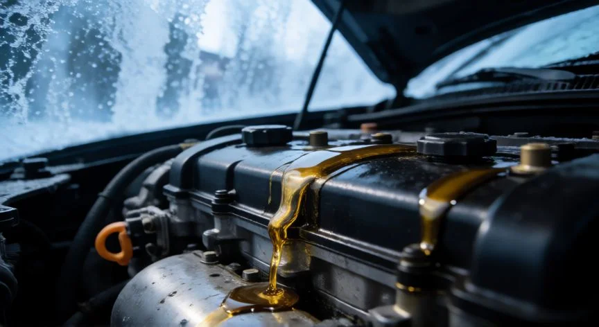 diferencia entre 0w30 y 5w30, Detalle de aceite de motor en un bloque de motor con fondo nevado