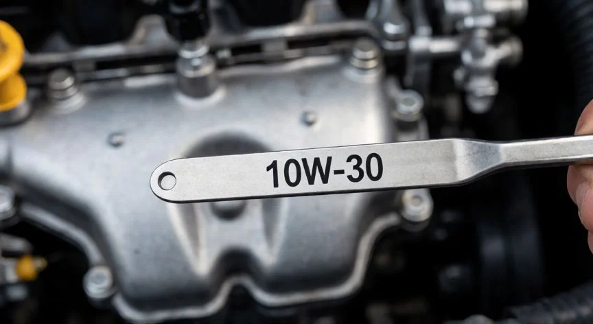 Varilla de medición de aceite con la especificación 10W-30 visible en el motor