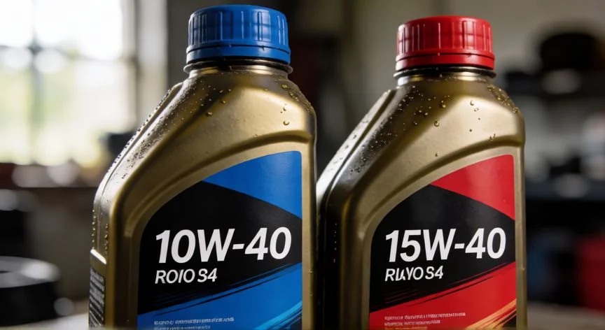 Comparativa de botellas de aceite motor 10w40 y 15w40 en un taller
