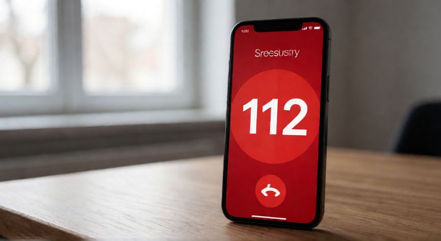 Teléfono móvil mostrando la pantalla de llamada de emergencia al número 112