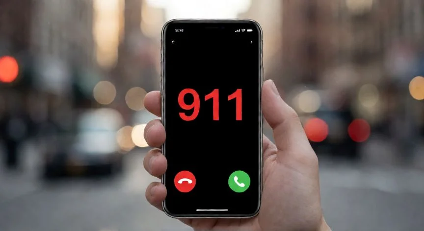 diferencia entre 112 y 911, Mano sujetando un teléfono con la interfaz de llamada al 911 en pantalla