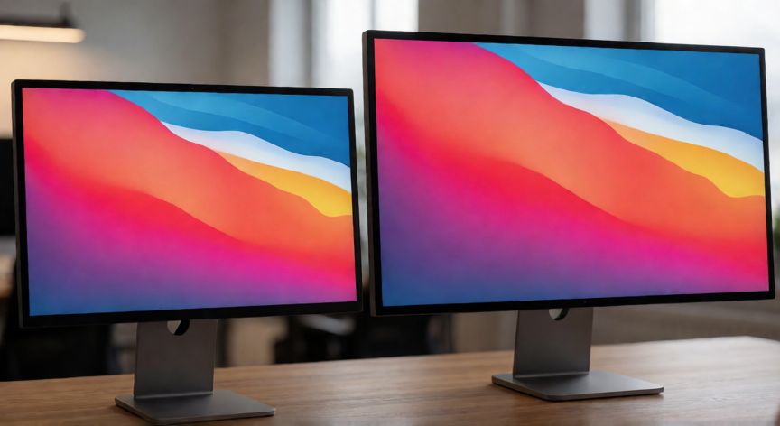 diferencia entre 24 y 27 pulgadas, Comparación física entre un monitor de 24 y uno de 27 pulgadas sobre escritorio