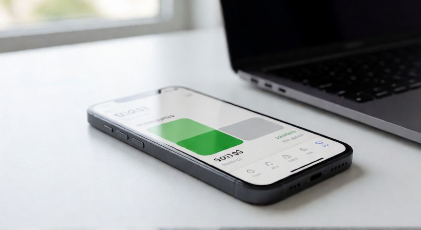 Smartphone mostrando uso de almacenamiento interno de 256 GB sobre escritorio