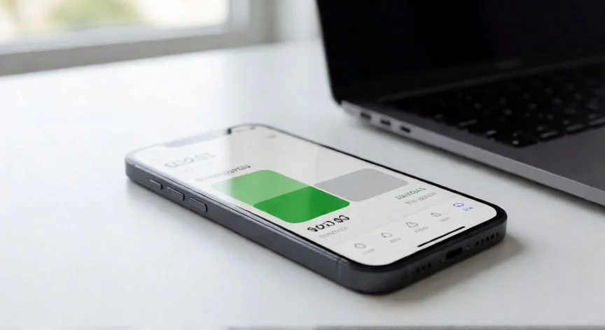 Smartphone mostrando uso de almacenamiento interno de 256 GB sobre escritorio