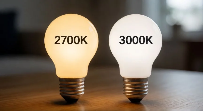 Comparativa visual de bombillas LED de 2700K y 3000K sobre una mesa