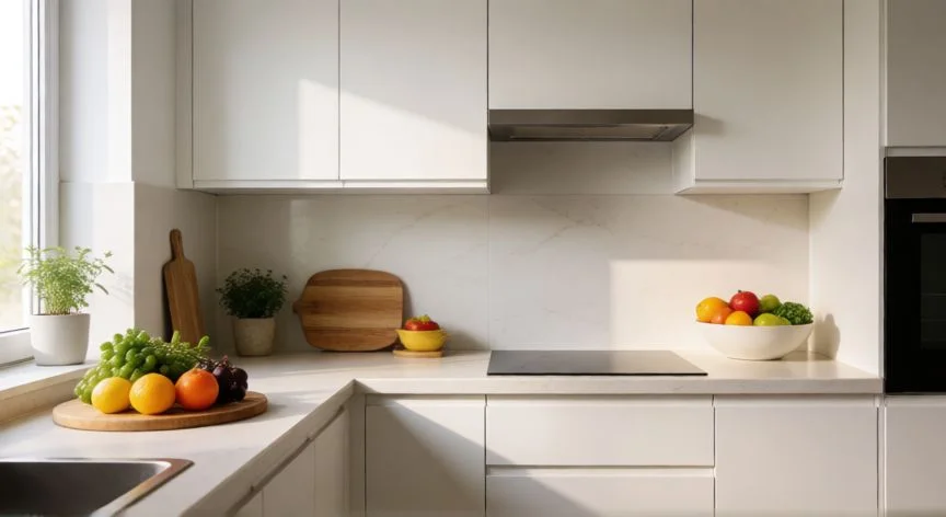 diferencia entre 2700k y 3000k, Cocina moderna iluminada con luz blanca neutra de 3000K mostrando colores reales
