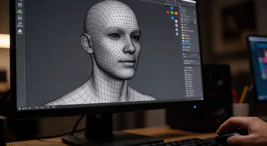 diferencia entre 2d y 3d, Proceso de modelado en software 3D mostrando la complejidad de mallas y texturas