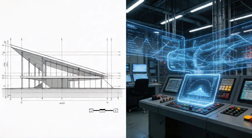 Comparación visual entre un plano arquitectónico 2D y un panel de control de sistemas ATMOS