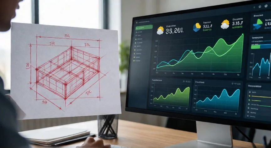 diferencia entre 2d y atmos, Ingeniero analizando datos en tiempo real de un sistema ATMOS junto a planos 2D físicos
