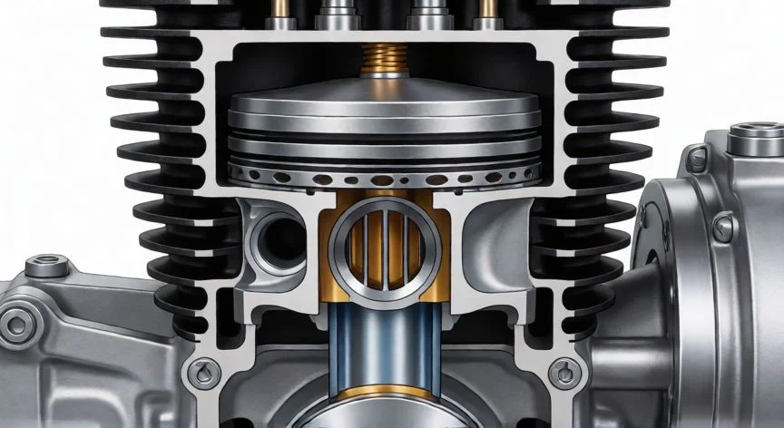 Esquema técnico de un motor de dos tiempos mostrando el pistón y las válvulas
