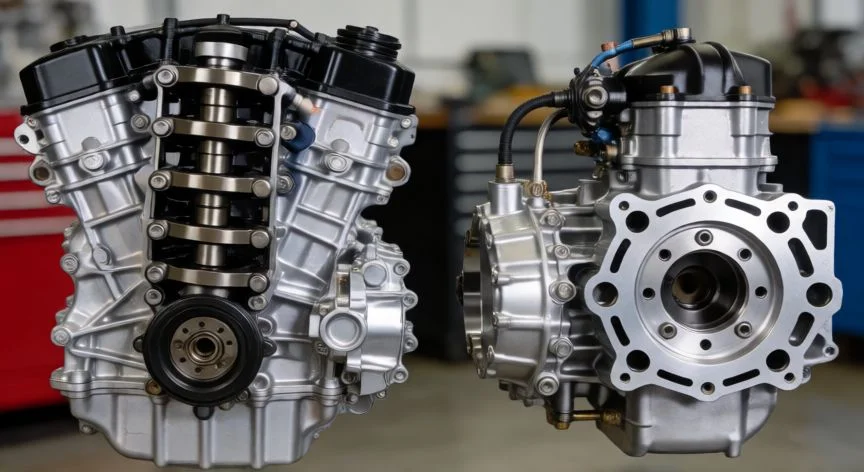 diferencia entre 2t y 4t, Comparación física entre un motor de cuatro tiempos y uno de dos tiempos en un taller