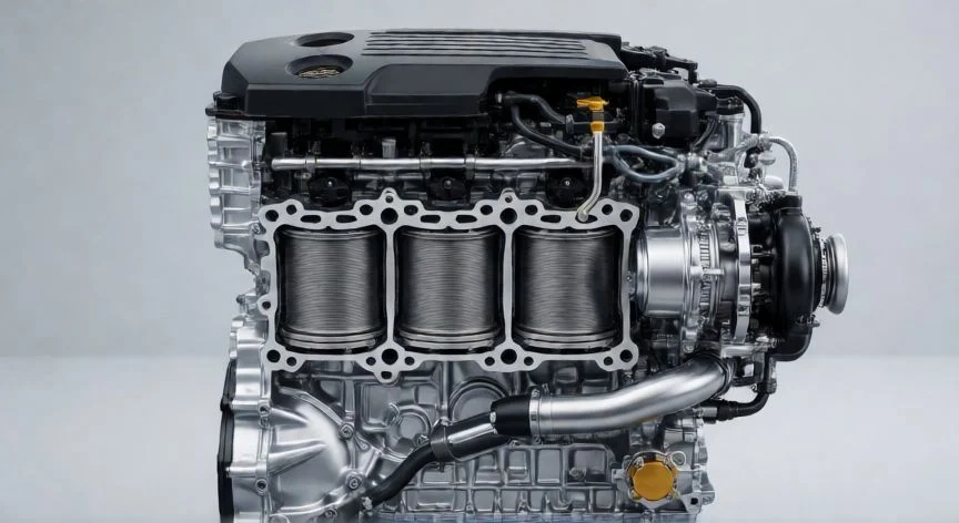 Vista técnica detallada de un motor de tres cilindros en línea con turbocompresor