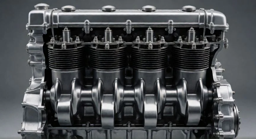 diferencia entre 3 cilindros y 4 cilindros, Comparación lado a lado de un motor tricilíndrico y un tetracilíndrico en estudio fotográfico