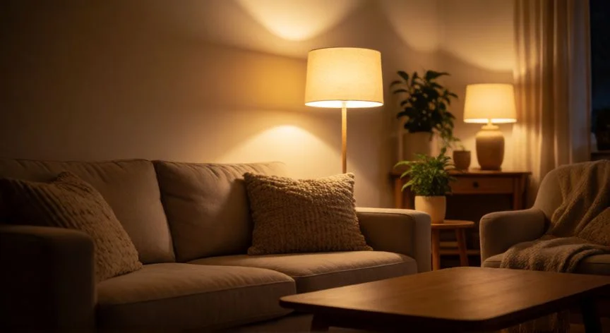 diferencia entre 3000k y 4000k, Salón con iluminación cálida de 3000K creando ambiente acogedor